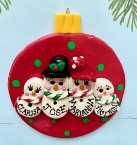 SNO-FAMILY ON RED POLKA-DOT CHRISTMAS BALL.